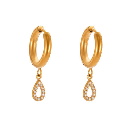 Pair of 18k gold hoop earrings with a dangling pavé-set zirconia teardrop charm.