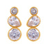 Pair of geometric triple-stone stud earrings (round, pear, round) in 18k gold on white background.