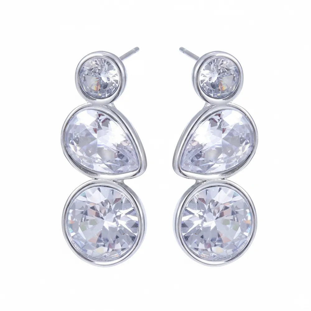 Aura Trio-Stone Stud Earrings in polished silver finish with clear cubic zirconia.