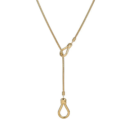 Cleo Adjustable Lariat Necklace in 18k gold plate featuring a snake chain and teardrop loops