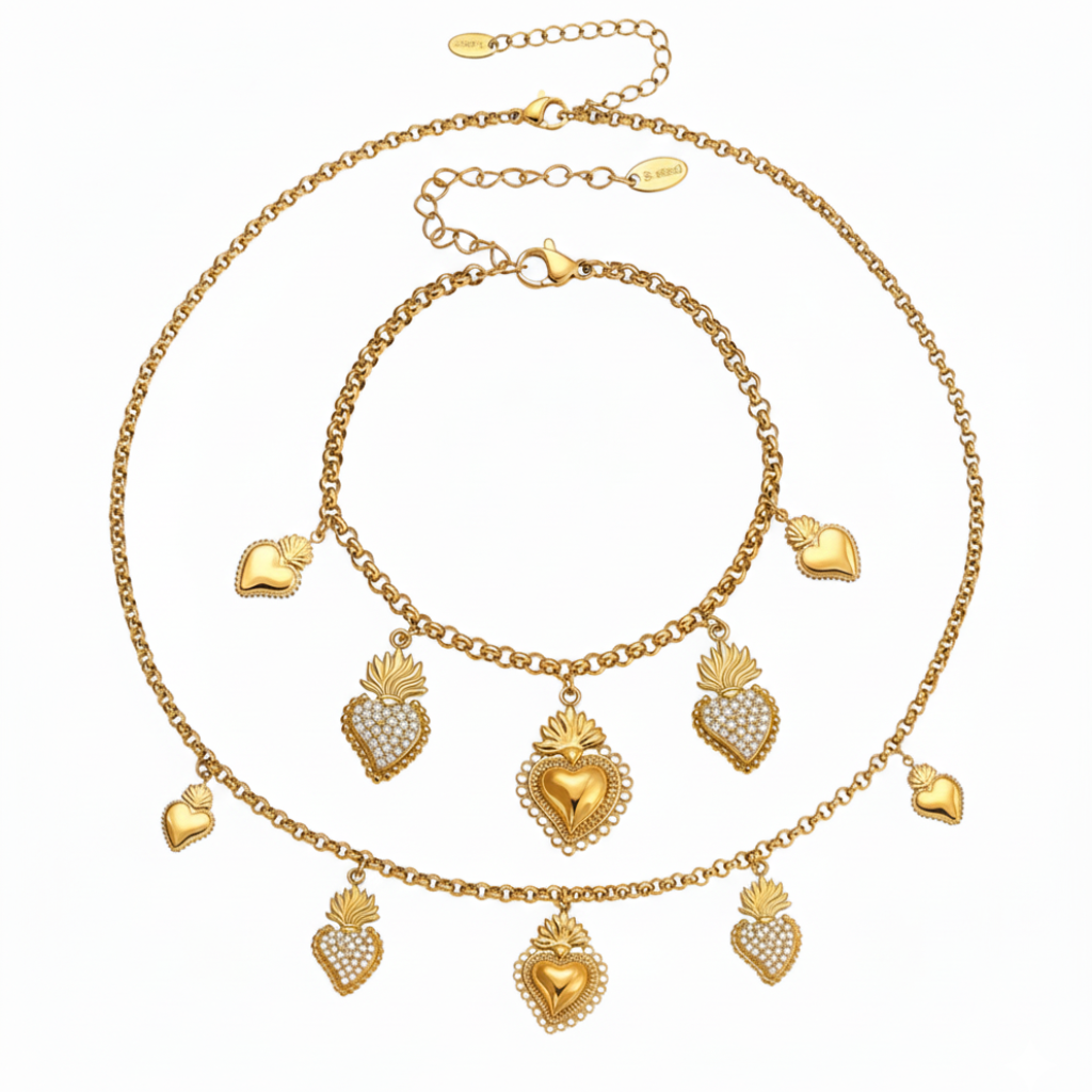 Overview of the Corazón Sacred Heart Charm Necklace and Bracelet set in 18k gold.