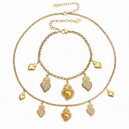 Overview of the Corazón Sacred Heart Charm Necklace and Bracelet set in 18k gold.