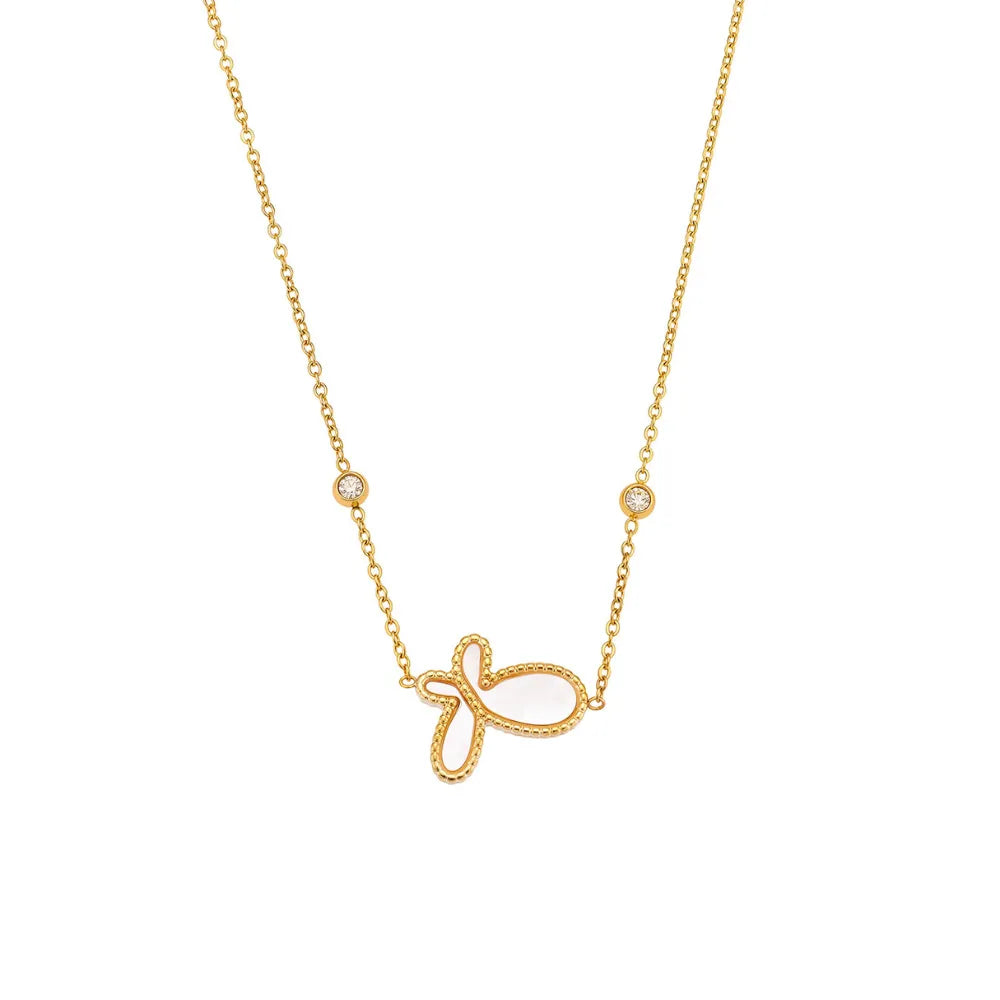 Dainty butterfly mother of pearl necklace in 18k gold plate on a white background