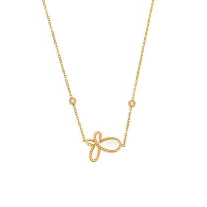 Dainty butterfly mother of pearl necklace in 18k gold plate on a white background