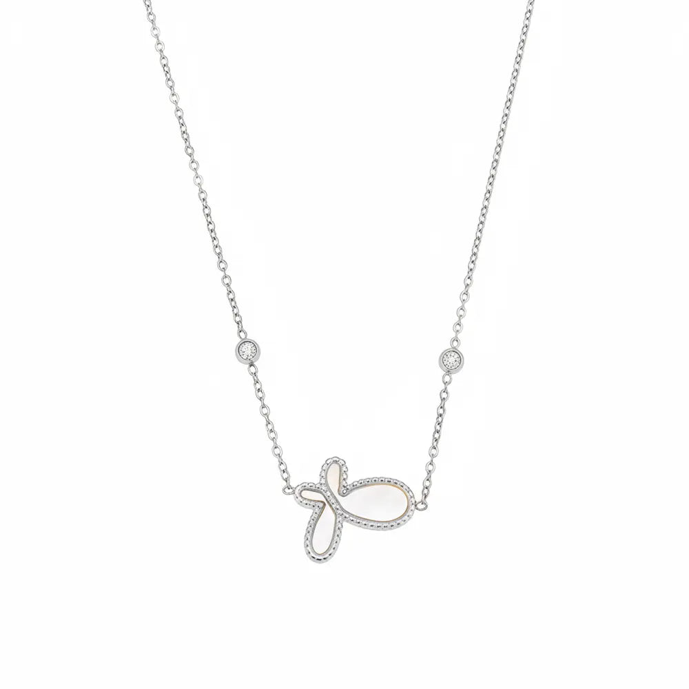 Dainty butterfly mother of pearl necklace in polished 316L stainless steel on a white background