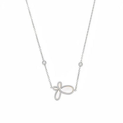 Dainty butterfly mother of pearl necklace in polished 316L stainless steel on a white background