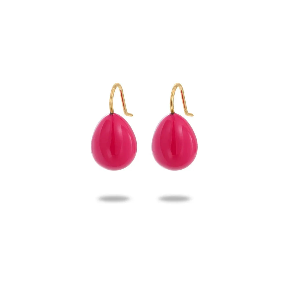 Pair of Elara Enamel Drop Earrings in a vibrant hot pink finish with a gold-tone hook.