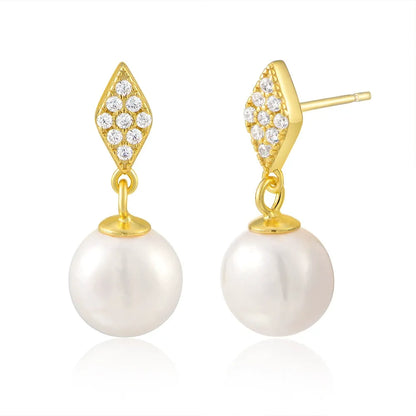 Pair of Elara Pavé Kite &amp; Pearl Drop Earrings in 18k gold plate over sterling silver.
