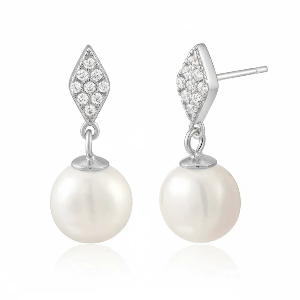 Pair of Elara Pavé Kite &amp; Pearl Drop Earrings in S925 sterling silver.