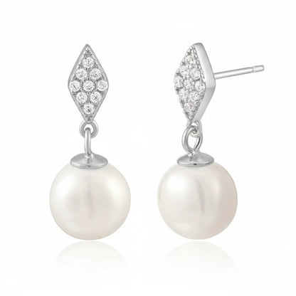 Pair of Elara Pavé Kite &amp; Pearl Drop Earrings in S925 sterling silver.