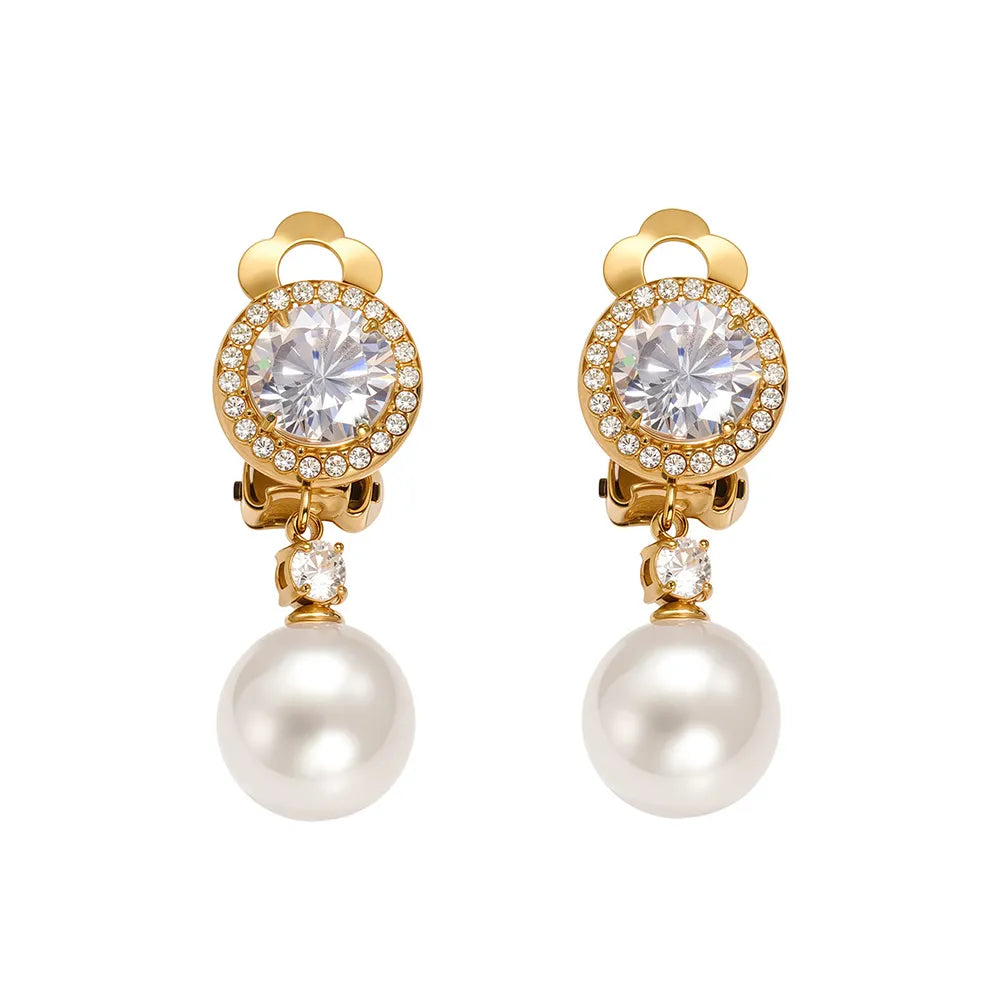 Pair of 18k gold Eleonora Pearl &amp; Zirconia Clip-On Earrings with a large halo zirconia and pearl drop.