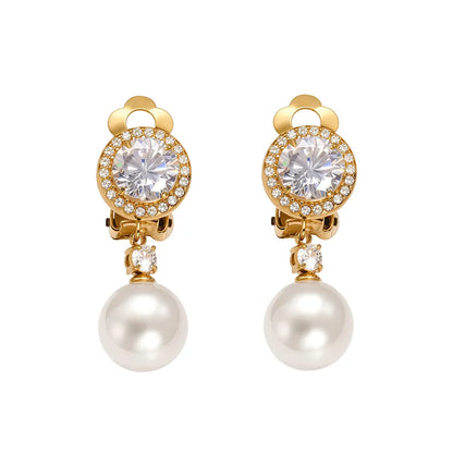Pair of 18k gold Eleonora Pearl &amp; Zirconia Clip-On Earrings with a large halo zirconia and pearl drop.