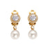 Pair of 18k gold Eleonora Pearl & Zirconia Clip-On Earrings with a large halo zirconia and pearl drop.