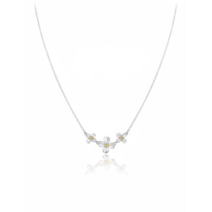 Gardenia Bloom S999 Silver Necklace with a three-flower cluster and gold-tone centers