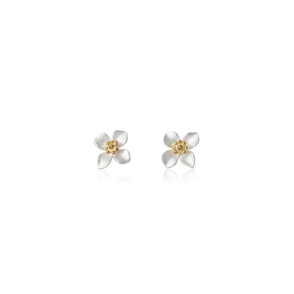 Pair of Gardenia Bloom S999 Silver Stud Earrings with a frosted finish and