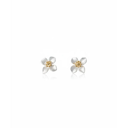 Pair of Gardenia Bloom S999 Silver Stud Earrings with a frosted finish and gold-tone centers