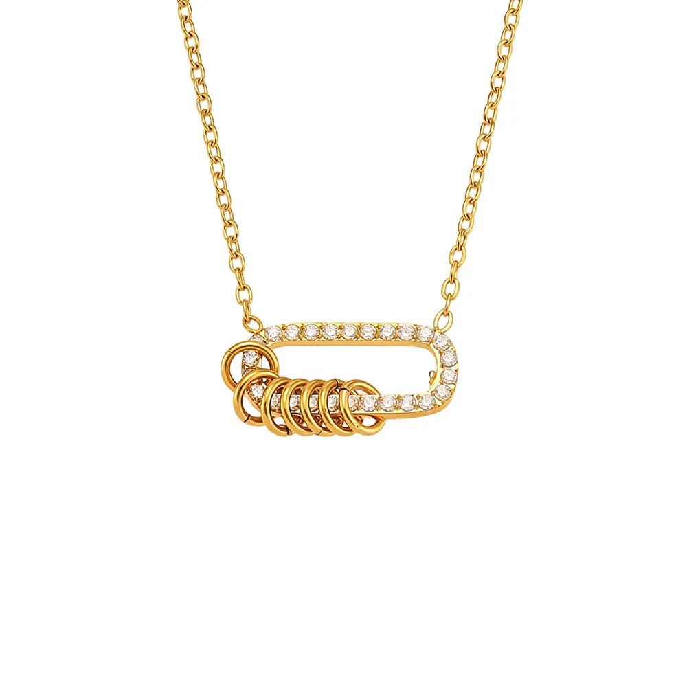 Glambodycandy Eternity Link carabiner necklace in 18k gold plate with 5A grade cubic zirconia, a trendy piece of modern jewelry.