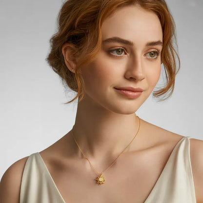 Model wearing the Glambodycandy You Are My Sunshine 18k gold plated sunflower necklace, a sentimental gift
