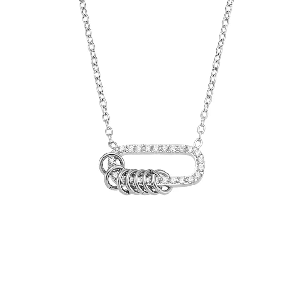 Glambodycandy Eternity Link carabiner necklace in silver 316L stainless steel with 5A grade cubic zirconia, a trendy piece of modern jewelry