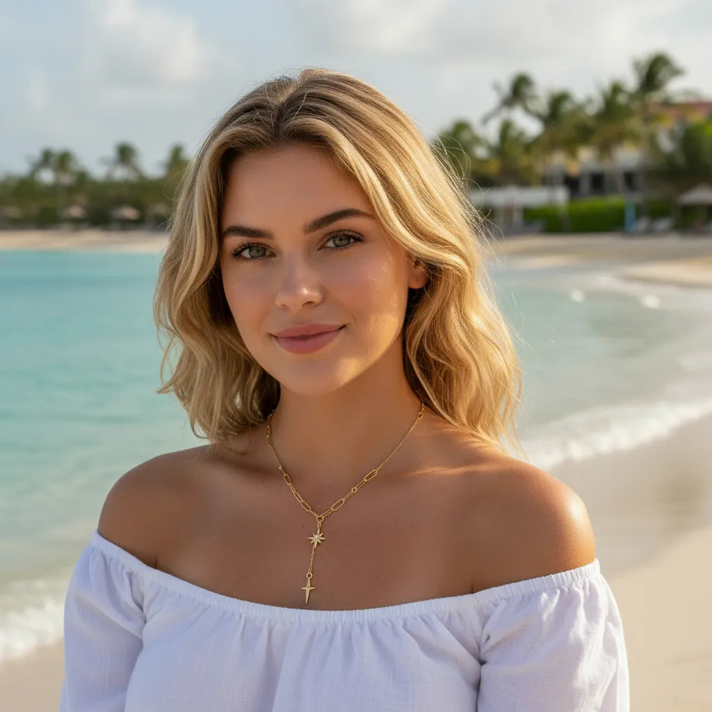 Model wearing a gold lariat necklace with star and cross charms, styled with a white off-shoulder top for a beach vacation look.