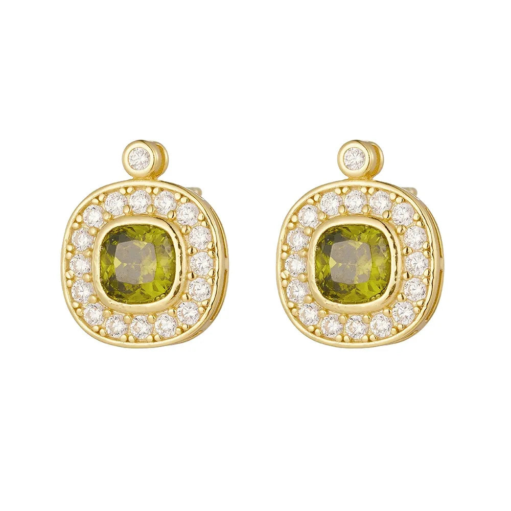 Front view of 18K gold plated vintage halo earrings featuring a cushion-cut olive green zircon and crystal border