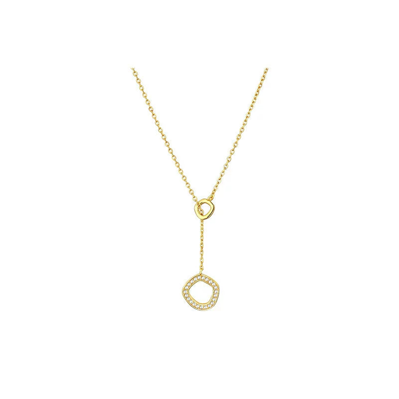 Professional studio shot of a gold-plated S925 lariat necklace with double circle pendants on white background.