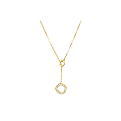 Professional studio shot of a gold-plated S925 lariat necklace with double circle pendants on white background.
