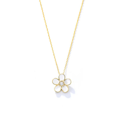 S925 sterling silver gold-plated necklace with a dainty white enamel flower pendant on a white background