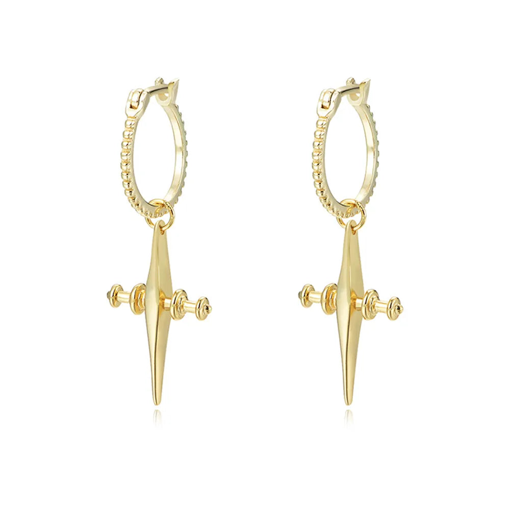 8K gold plated S925 sterling silver hoop earrings with textured dangling cross pendants on white background