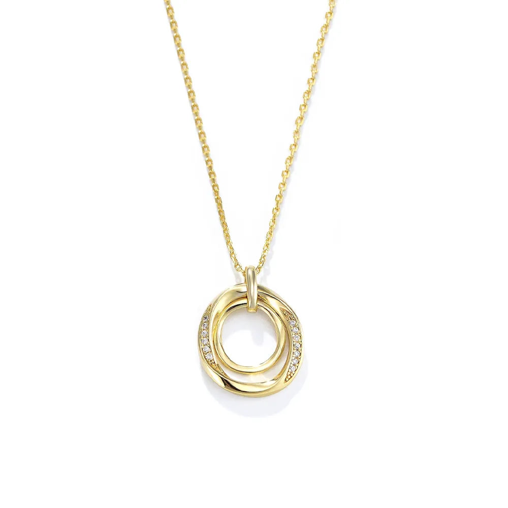 18K gold plated S925 sterling silver interlocking circle necklace with pave-set cubic zirconia on white background