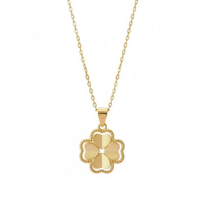 Studio shot of the S925 gold-plated necklace featuring a four-leaf clover pendant with matte and polished textures