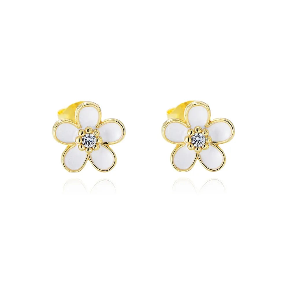 18K gold-plated S925 sterling silver mini enamel flower stud earrings with a sparkling center crystal on a white background