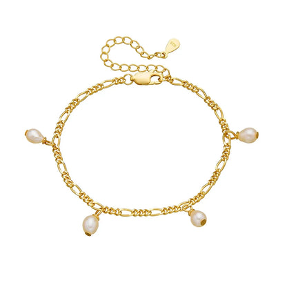 Studio shot of an 18K gold plated S925 sterling silver bracelet featuring a classic Figaro chain and four dangling pearl charms on a white background
