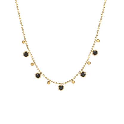 Gold stainless steel satellite chain necklace adorned with black cubic zirconia drop charms on a white background.