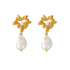18K gold plated drop earrings with a heart-shaped imitation pearl charm on a white background.