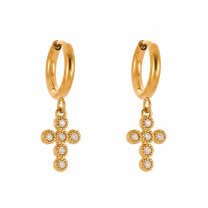 Pair of 18k gold plated hoop earrings with a dangling cross made of five round, bezel-set stones