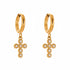 Pair of 18k gold plated hoop earrings with a dangling cross made of five round, bezel-set stones
