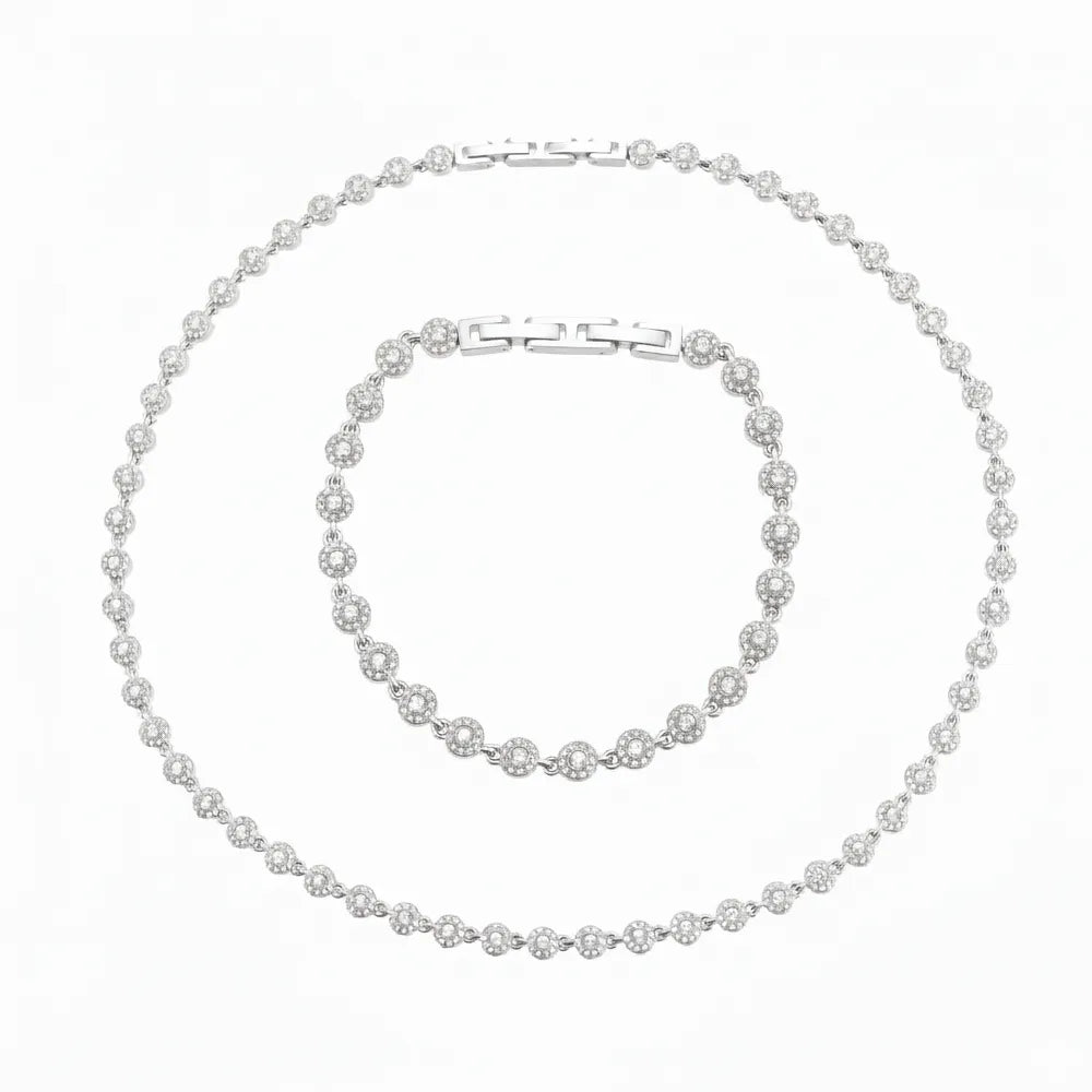 The complete Lucia Zirconia Necklace and Bracelet Set in a polished stainless steel silver finish