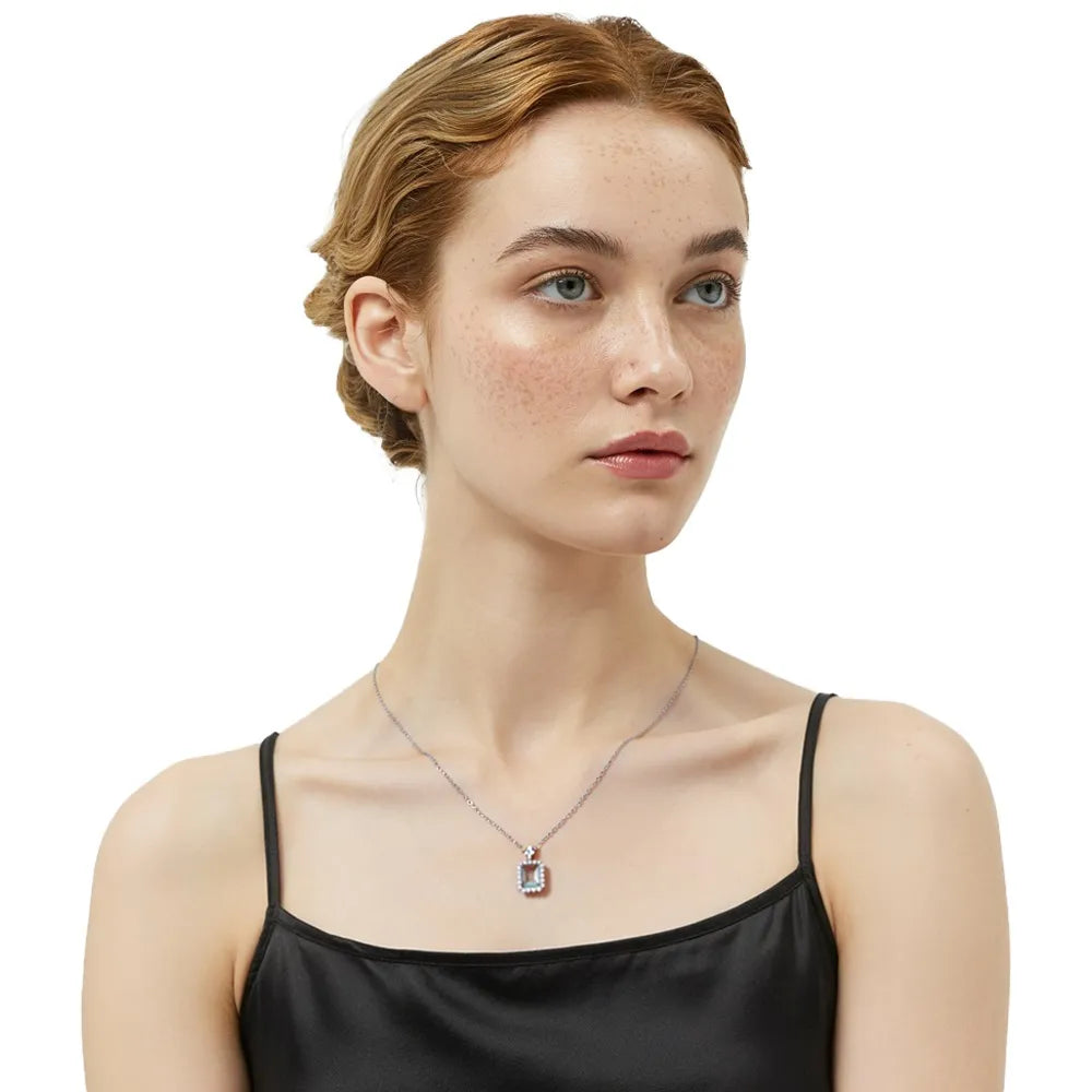 Close-up of model wearing the S925 silver aquamarine gemstone necklace.