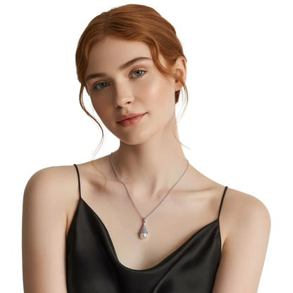 Model wearing the S925 silver snow tower pearl necklace with a black evening dress.
