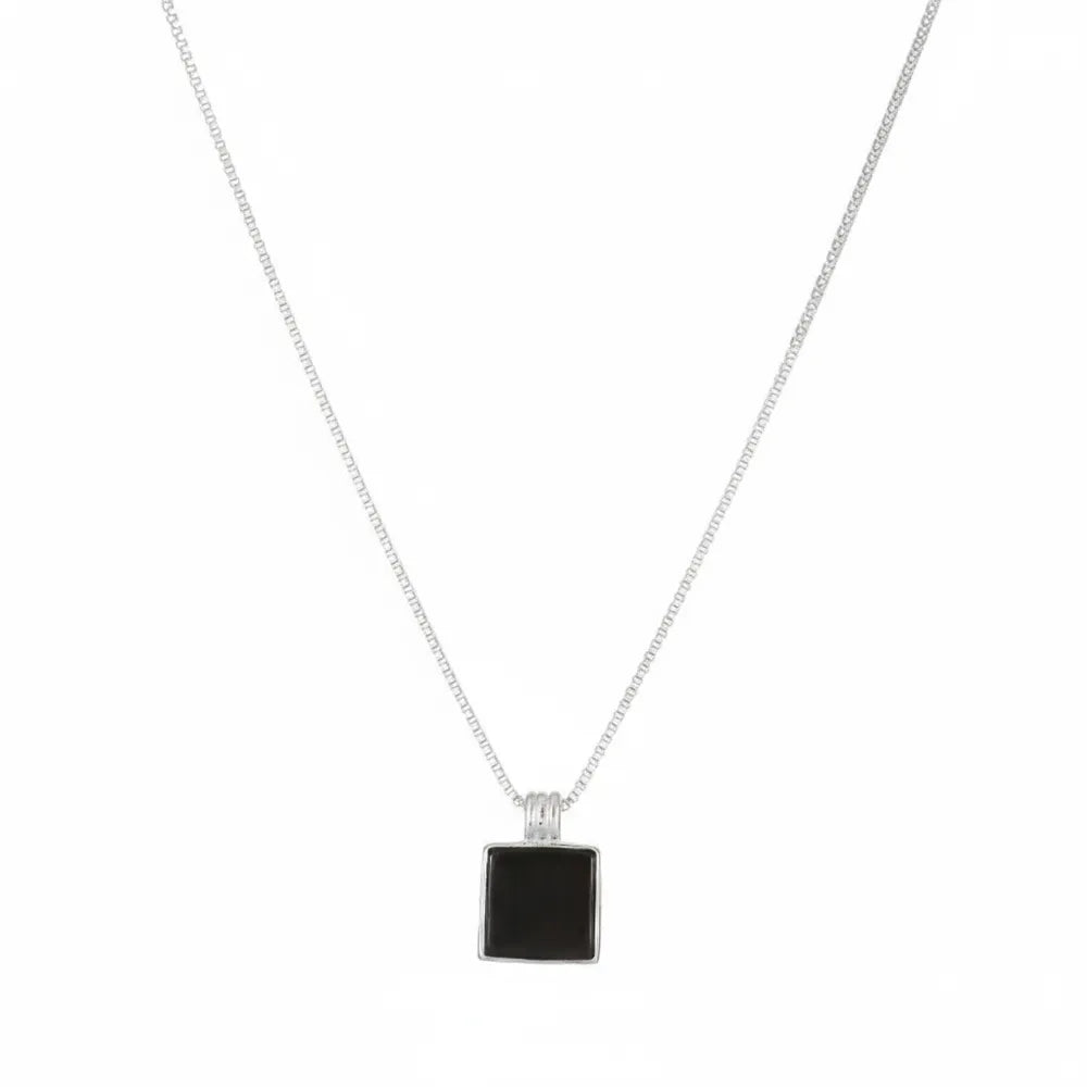 Sleek Onyx Square Tag Necklace in rhodium plated S925 sterling silver on a white background.