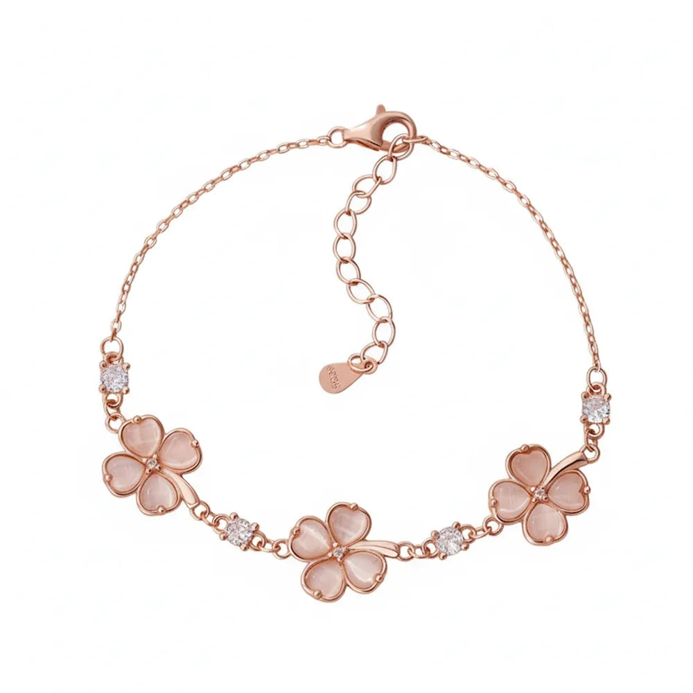 Rose Gold S925 Sterling Silver bracelet featuring three pink cat&