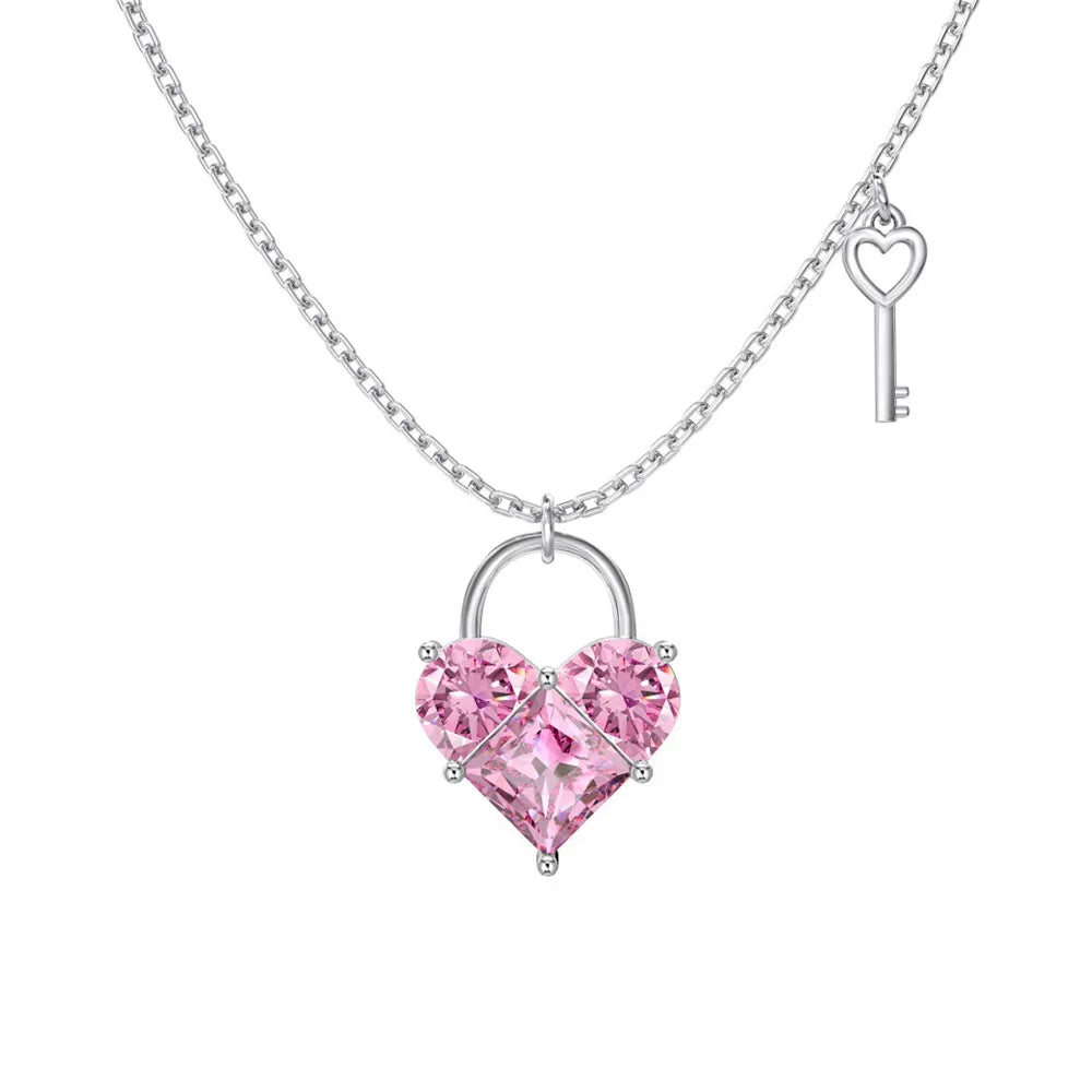 S925 silver necklace with a pink cubic zirconia heart lock and miniature key pendant.