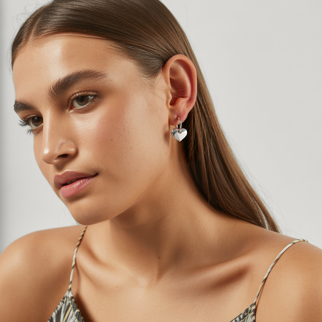 Model wearing the polished stainless steel Puffy Heart Charm Hoop Earrings.