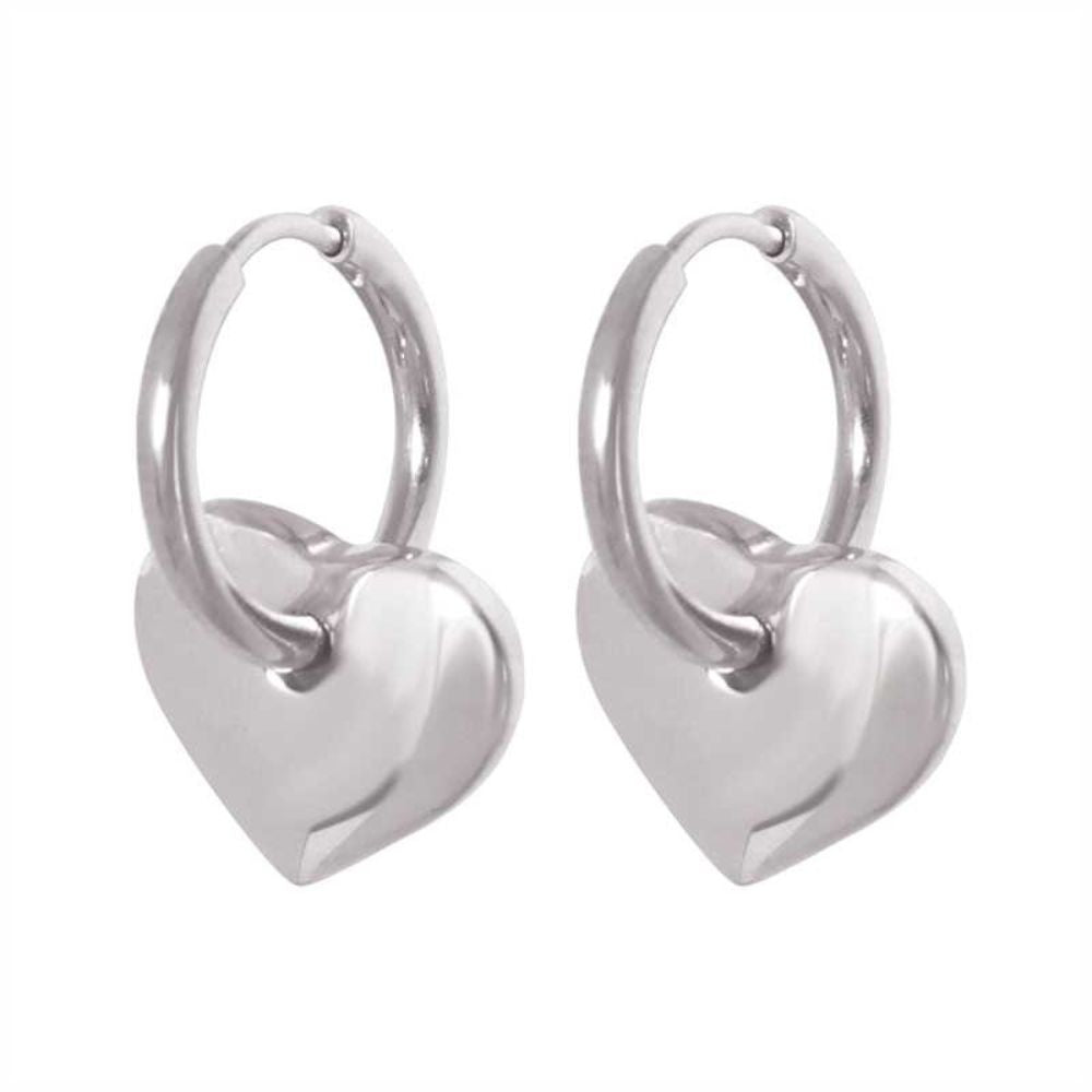 Polished 316L stainless steel hoop earrings with a dangling puffy heart charm.
