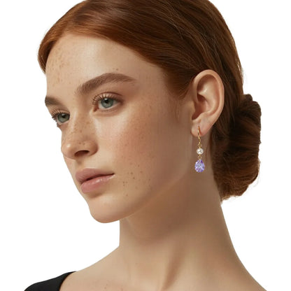 Model showcasing the romantic S925 silver earrings with purple zircon and pearl