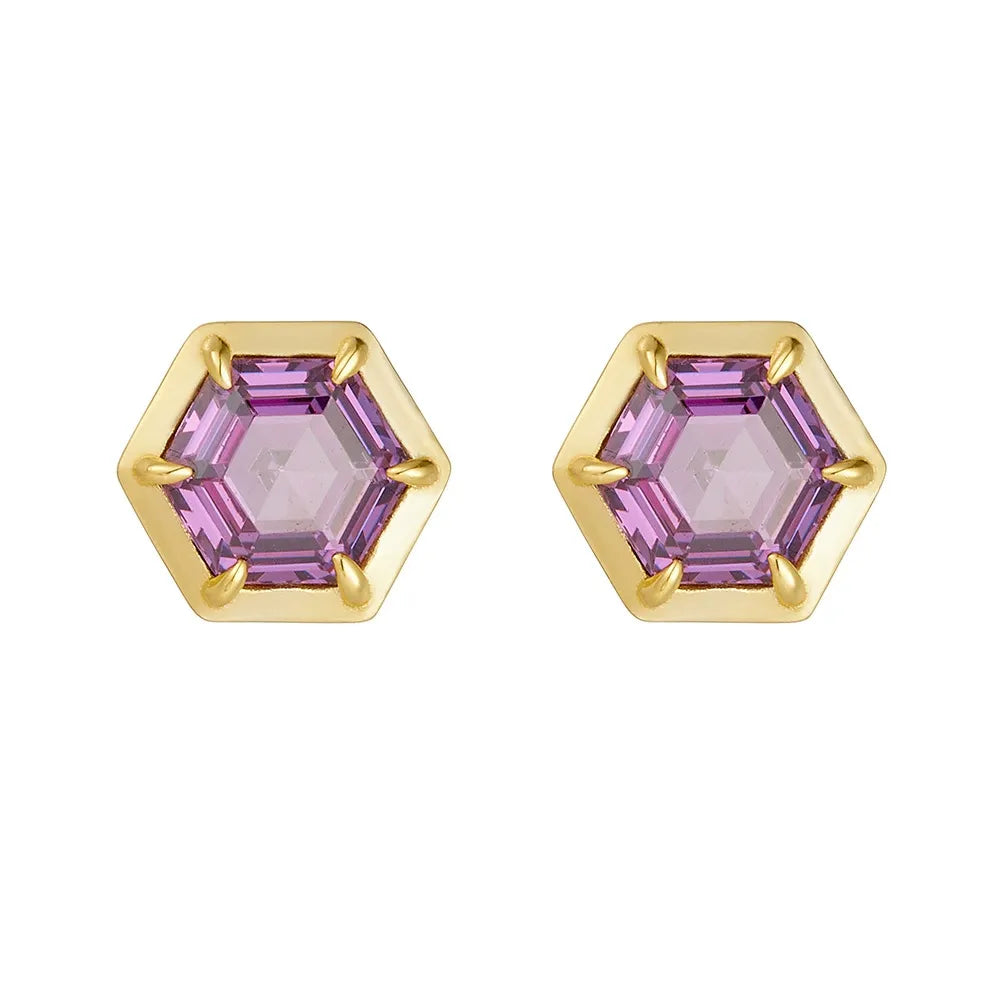 Front view of S925 sterling silver hexagon studs featuring a purple amethyst zircon stone in a minimalist gold setting