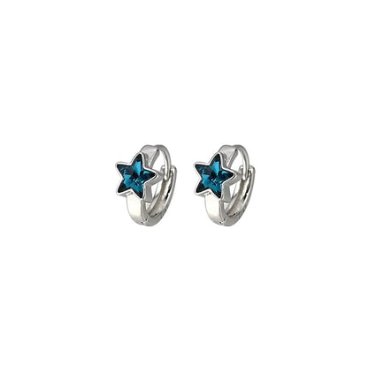 Pair of S925 sterling silver huggie hoop earrings with a vibrant blue star charm on a clean white background.