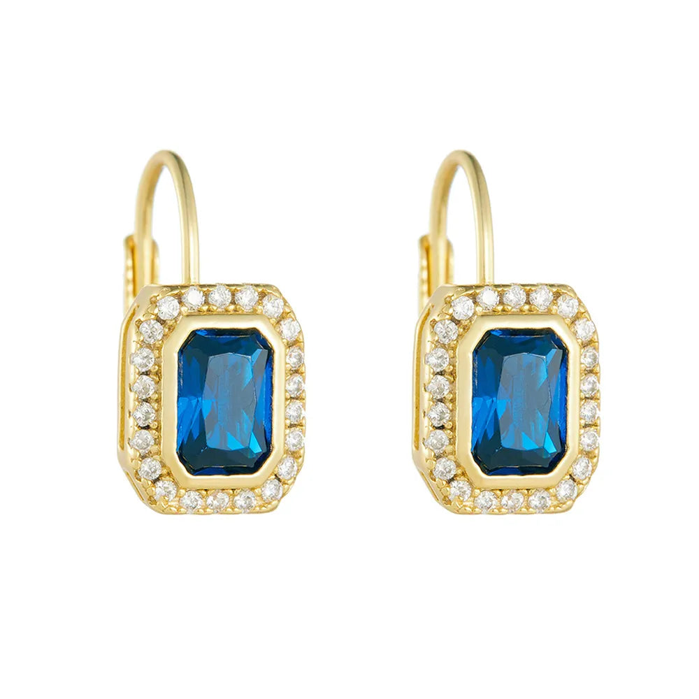 S925 sterling silver drop earrings plated in gold, featuring an emerald-cut blue stone with a crystal halo.