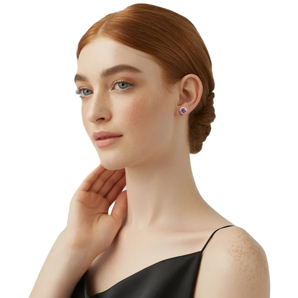 Model wearing elegant S925 amethyst zircon studs, demonstrating the 0.31 inch size for daily or evening wear.